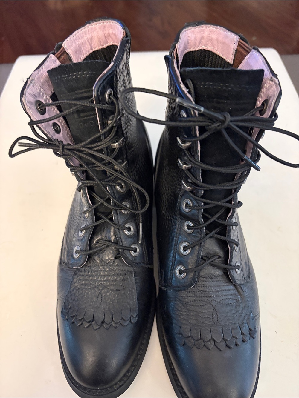 Ariat Black Leather Lace-Up Women's Boots with Pink Lining